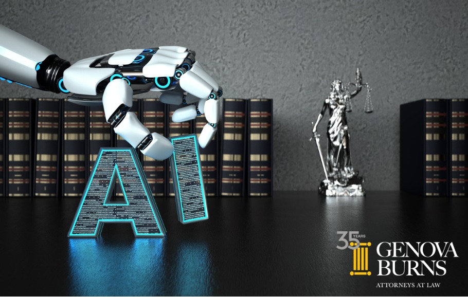 Robot hand placing AI letters down in front of books and lady justice statue