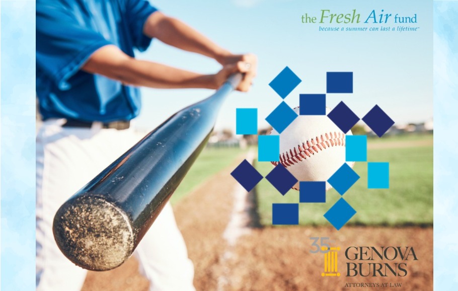 Fresh Air Fund Battle of the Barristers image with batter hitting a softball at a baseball diamond with Hackensack Meridian Health logo around softball