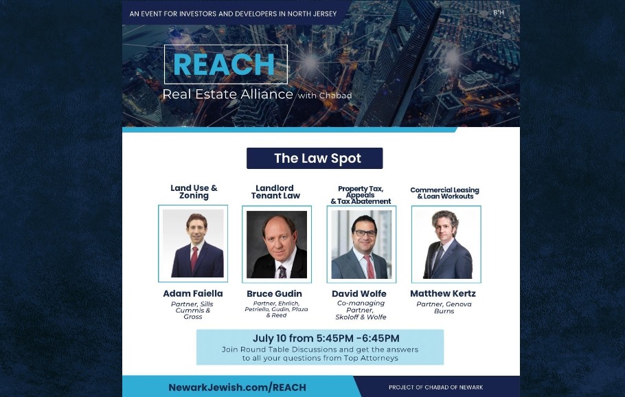 Real Estate Alliance with Chabad The Law Spot Event Flyer with Adam Faiella, Bruce Gudin, David Wolfe and Matthew Kertz