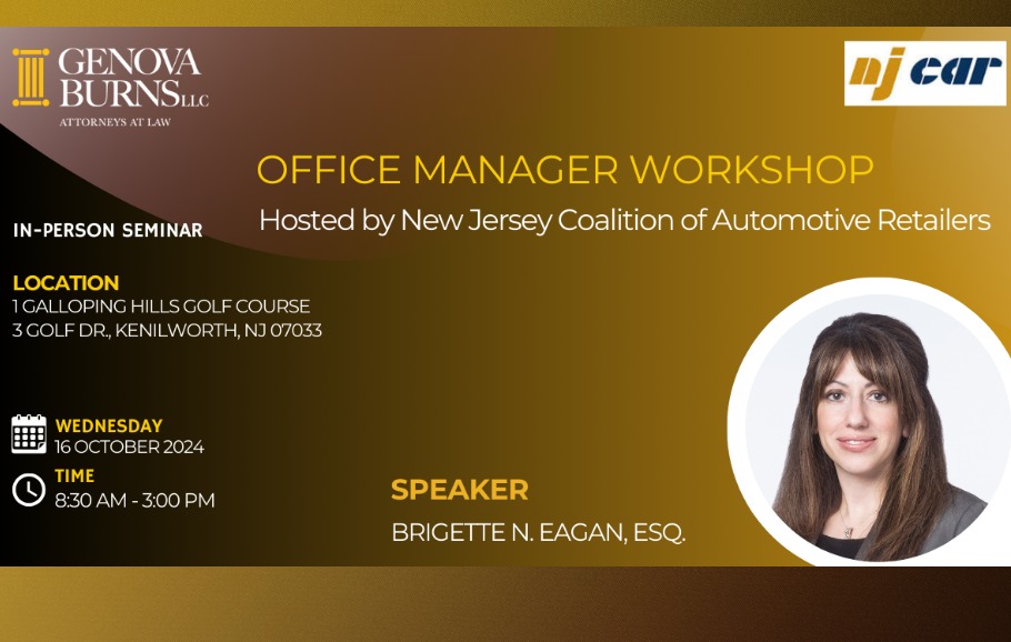 Office Manager Workshop NJCAR event flyer featuring Brigette N. Eagan, Esq.