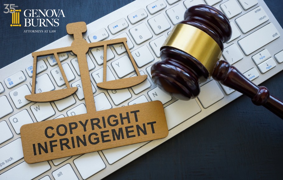 Copyright infringement phrase on the plate keyboard and gavel